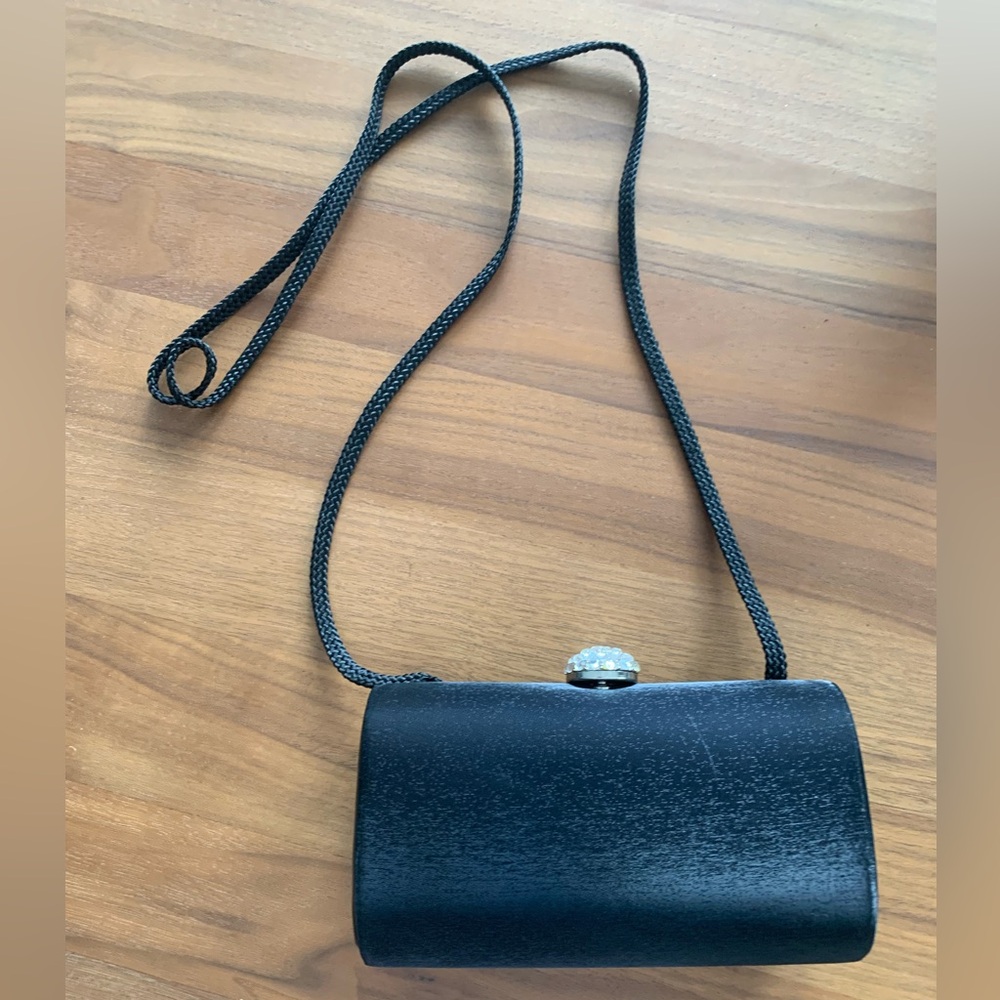 EUC Shimmery & Elegant Black Evening Bag with Crystal Hinge Clasp. Cord Strap.